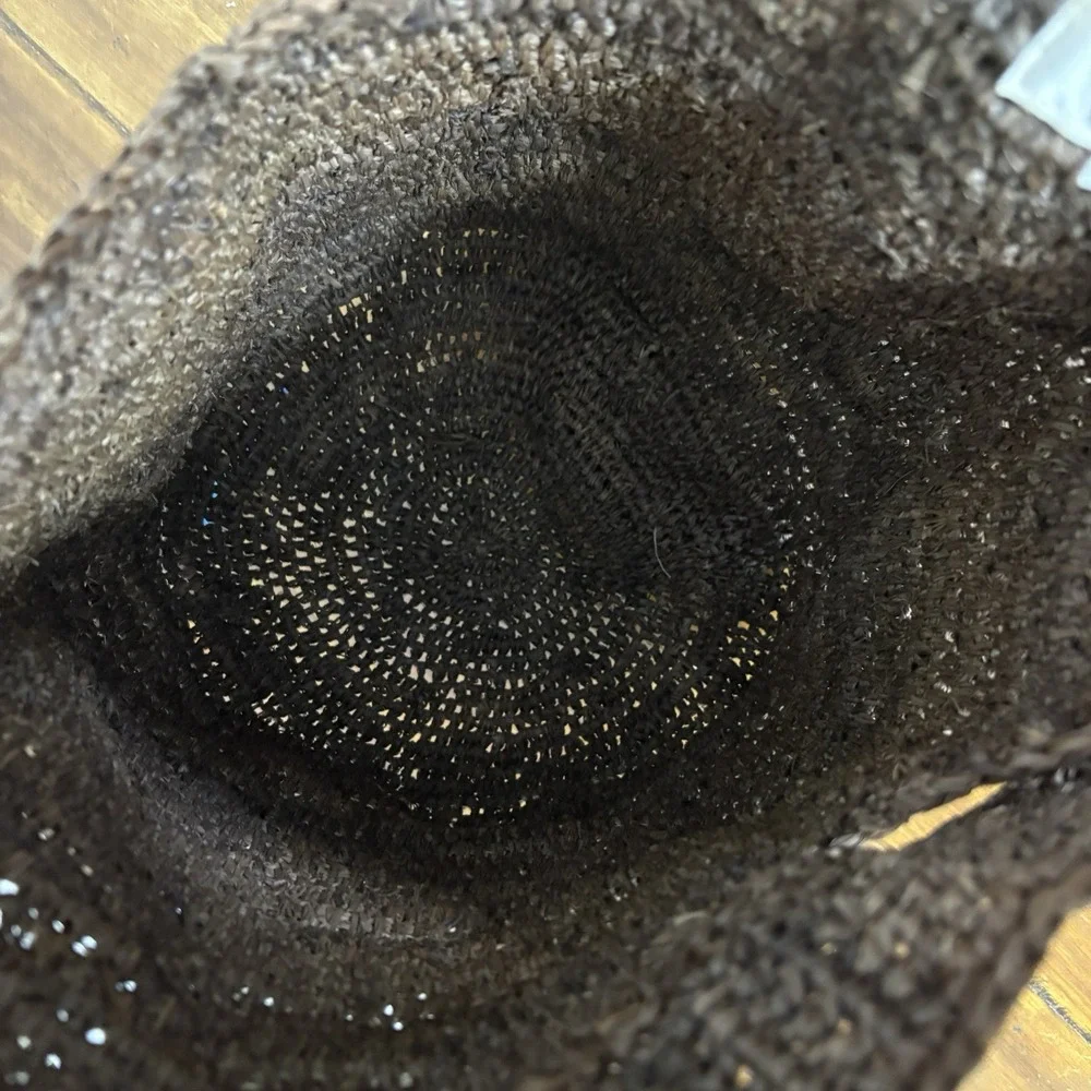 Vtg Helen Kaminski Woven Crocheted Raffia Bucket Tote Shoulder Bag Brown Large